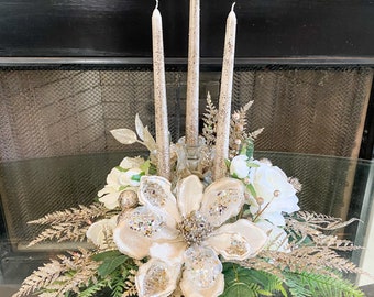 Christmas centerpiece, white Christmas centerpiece, Christmas floral arrangement, white Christmas decor, champagne Christmas decor, florals