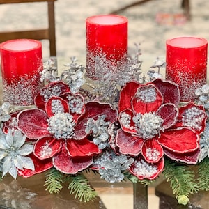 Christmas Centerpiece, red Christmas centerpiece, red centerpiece with Pillar LED candles
