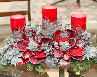 Christmas Centerpiece, red Christmas centerpiece, red centerpiece with Pillar LED candles