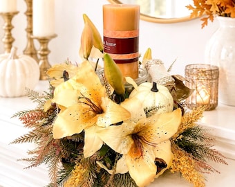 Fall centerpiece, Fall Pumpkin Candle Centerpiece, Autumn Table Decor, Thanksgiving Centerpiece, Harvest Floral Arrangement, Mantel Decor