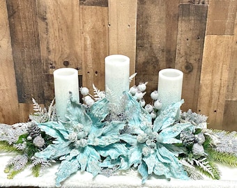 Large blue Christmas centerpiece, large Christmas centerpiece, Christmas floral arrangement, ice blue Christmas decor, XL floral arrangement