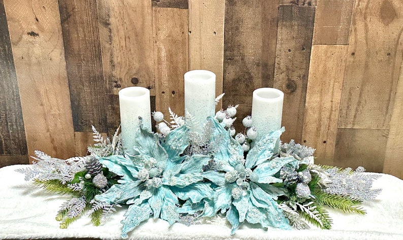Large blue Christmas centerpiece, large Christmas centerpiece, Christmas floral arrangement, ice blue Christmas decor, XL floral arrangement image 1