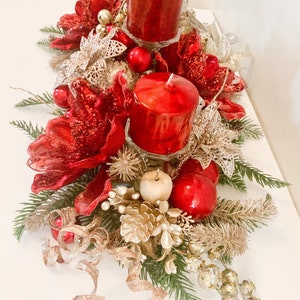 Christmas Centerpiece,Red Christmas decor, Red Christmas floral arrangement, Large Christmas centerpiece, Christmas candle holder, Christmas image 8