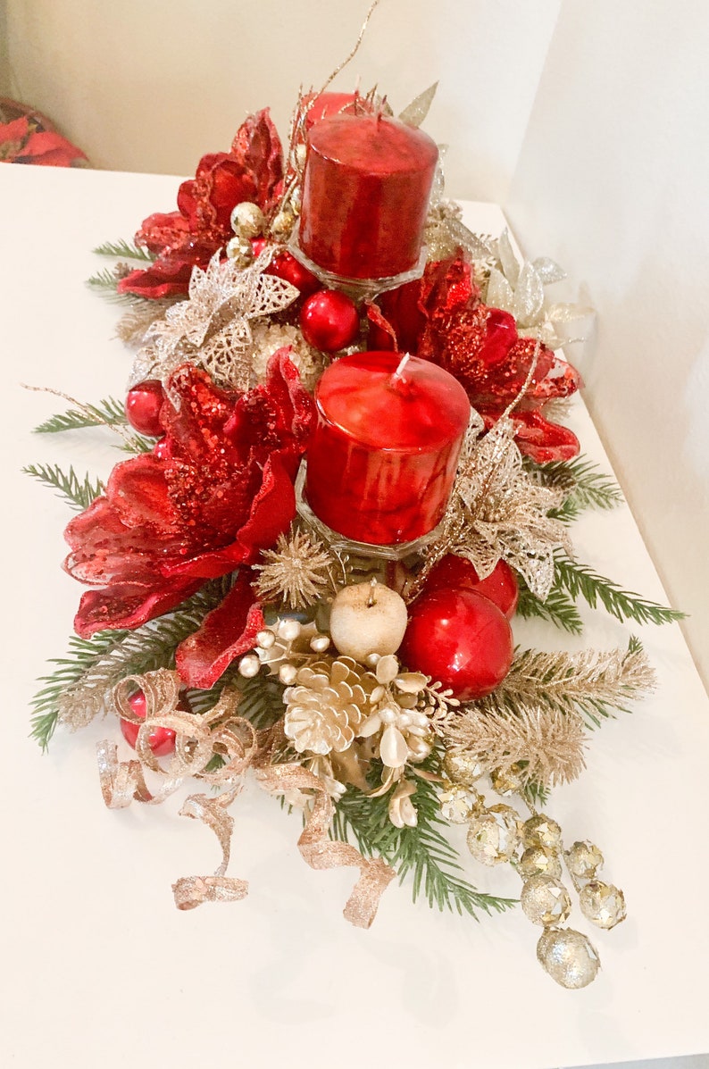 Christmas Centerpiece,Red Christmas decor, Red Christmas floral arrangement, Large Christmas centerpiece, Christmas candle holder, Christmas image 8