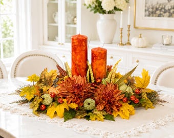 Large Fall Candle Centerpiece, Thanksgiving Table Decor, Pumpkin Floral Arrangement, Autumn Dining Room Decor, Luxury Fall Centerpiece, Fall