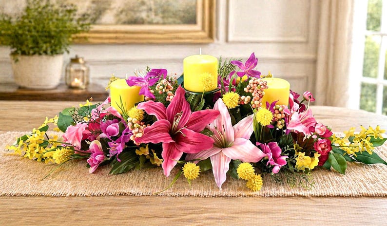 May include: A floral centerpiece with three yellow candles surrounded by pink lilies, purple orchids, and yellow flowers. The arrangement sits on a burlap runner atop a wooden table, creating a vibrant display.