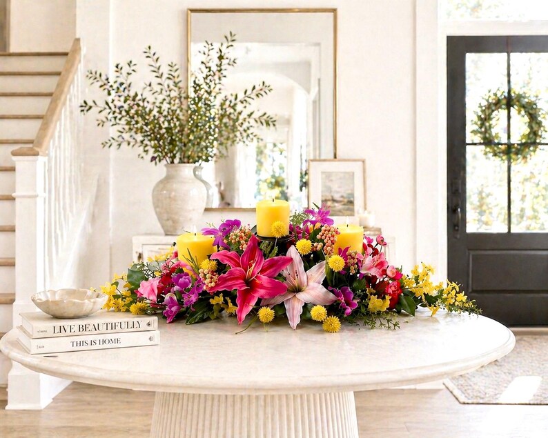 May include: A round, white table displays a vibrant floral arrangement with pink lilies, yellow candles, and various colorful flowers. A vase with greenery and books are also on the table. The setting is a bright, well-lit interior.
