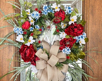 Farmhouse wreath, patriotic wreath, 4th of July wreath, farmhouse decor, Independence Day wreath, Memorial Day wreath, summer wreath