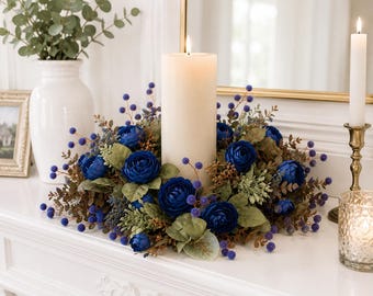 Anneau de bougie bleu automne, centre de table renoncule bleu marine, décoration de table au début de l'automne, décoration de cuisine de ferme, couronne d'automne de tous les jours, décoration d'automne