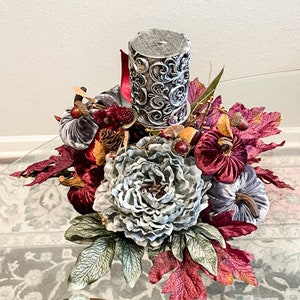 Fall centerpiece, antique silver fall centerpiece, grey and burgundy fall decor, silver fall decor, silver fall centerpiece, velvet pumpkins