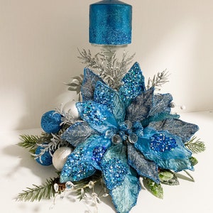 Christmas Centerpiece, Blue Christmas centerpiece, blue centerpiece, blue poinsettias, designer candles, designer centerpiece, image 7