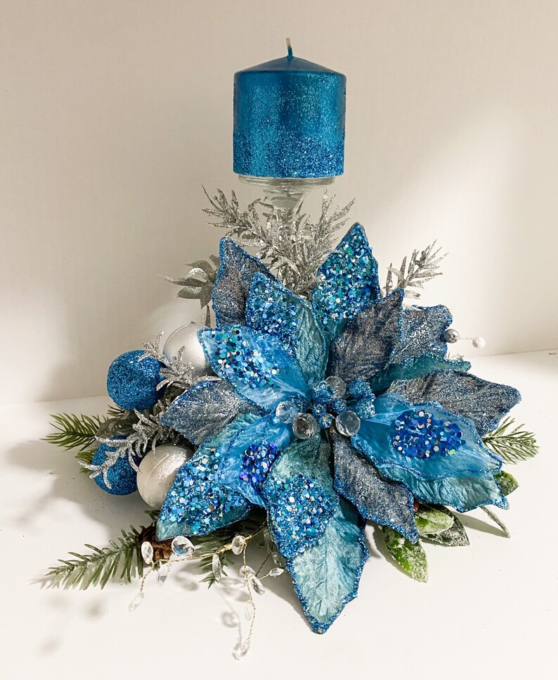 Christmas Centerpiece, Blue Christmas centerpiece, blue centerpiece, blue poinsettias, designer candles, designer centerpiece, image 7