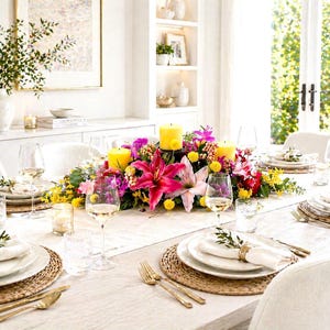 May include: A beautifully set dining table with white plates, gold cutlery, and wine glasses. A vibrant floral centerpiece with pink lilies and yellow candles adds a touch of elegance. The table is set for a special occasion.
