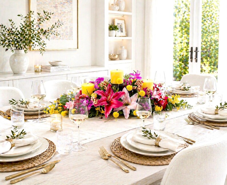May include: A beautifully set dining table with white plates, gold cutlery, and wine glasses. A vibrant floral centerpiece with pink lilies and yellow candles adds a touch of elegance. The table is set for a special occasion.