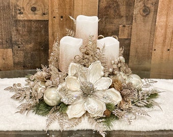Christmas Centerpiece, Christmas floral arrangement, Christmas magnolias, large centerpiece, Christmas decor, white floral centerpiece,