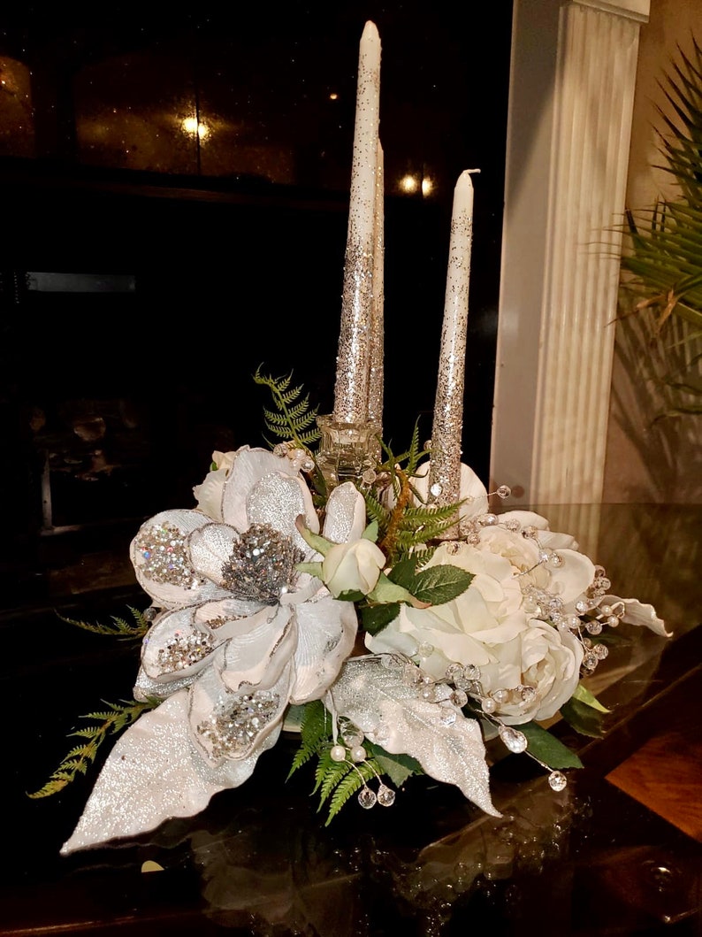Wedding centerpiece, wedding candle holder, bridal shower decor, Designer centerpiece, white roses centerpiece, crystal centerpiece, image 6