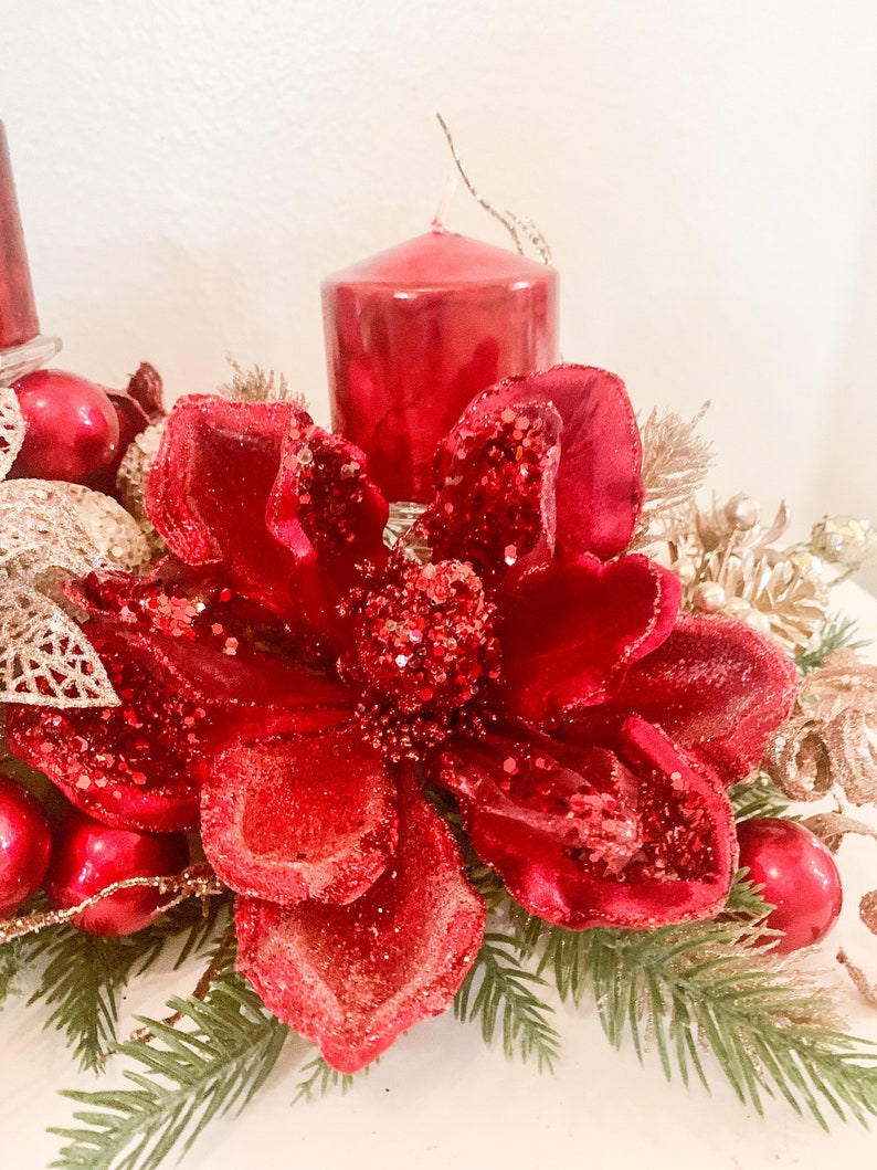 Christmas Centerpiece,Red Christmas decor, Red Christmas floral arrangement, Large Christmas centerpiece, Christmas candle holder, Christmas image 6