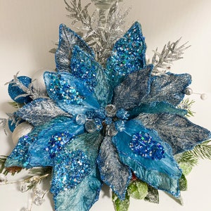 Christmas Centerpiece, Blue Christmas centerpiece, blue centerpiece, blue poinsettias, designer candles, designer centerpiece, image 5