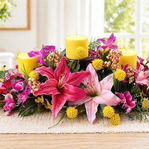 May include: A floral centerpiece with three yellow candles surrounded by pink, purple, and yellow flowers. The arrangement includes lilies and other decorative blooms, set on a neutral-toned table runner.