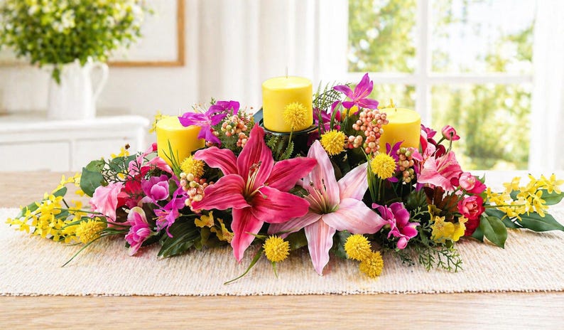 May include: A floral centerpiece with three yellow candles surrounded by pink, purple, and yellow flowers. The arrangement includes lilies and other decorative blooms, set on a neutral-toned table runner.