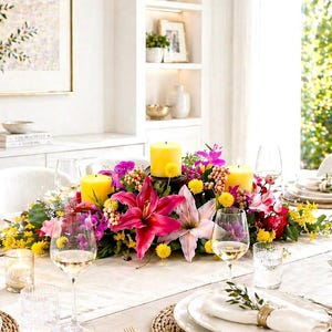 May include: A dining table centerpiece featuring a vibrant floral arrangement with pink lilies, yellow and purple flowers, and three yellow candles. Wine glasses and place settings complete the elegant table setting.