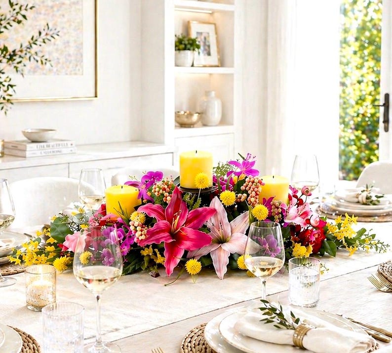 May include: A dining table centerpiece featuring a vibrant floral arrangement with pink lilies, yellow and purple flowers, and three yellow candles. Wine glasses and place settings complete the elegant table setting.
