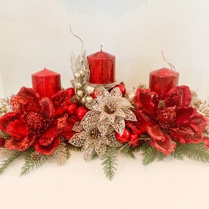 Christmas Centerpiece,Red Christmas decor, Red Christmas floral arrangement, Large Christmas centerpiece, Christmas candle holder, Christmas image 2