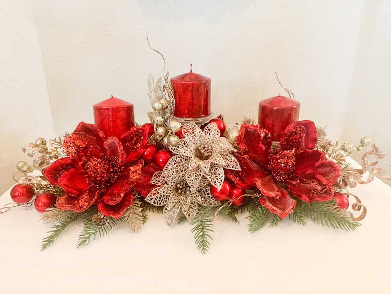 Christmas Centerpiece,Red Christmas decor, Red Christmas floral arrangement, Large Christmas centerpiece, Christmas candle holder, Christmas image 2