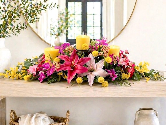 Pink Floral Centerpiece for Dining Table, Everyday Home Decor, Spring Table Decor, Modern Farmhouse Centerpiece, Coffee Table Arrangement