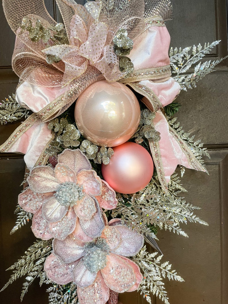 Christmas swag, pink Christmas swag, Christmas swag for front door, pink Christmas decor, pink Magnolia, Christmas decor, Christmas wreath image 6