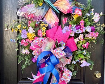 Grote lente vlinderkrans, levendig bloemendeurdecor, kleurrijke lentekrans met vlinder, bloemenkrans voordeur, housewarmingcadeau