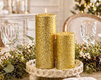 gold pillar candle, Gold Glitter Wax candle, gold candle, holiday candle, Christmas candle, regular gold wax pillar candle