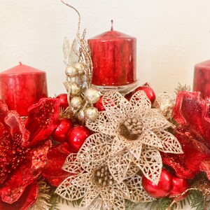 Christmas Centerpiece,Red Christmas decor, Red Christmas floral arrangement, Large Christmas centerpiece, Christmas candle holder, Christmas image 7