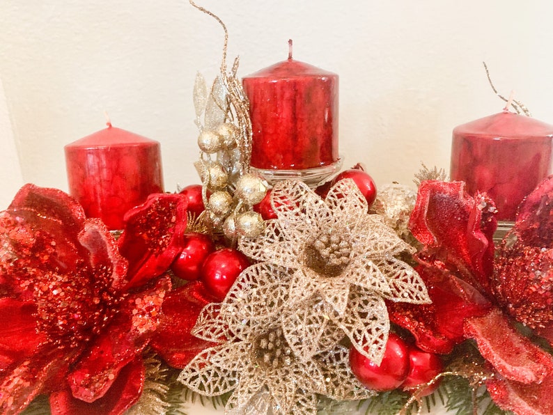 Christmas Centerpiece,Red Christmas decor, Red Christmas floral arrangement, Large Christmas centerpiece, Christmas candle holder, Christmas image 7