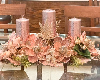 Valentine’s Day gift, rose gold centerpiece, winter centerpiece, rosegold magnolias, rose gold decor, large floral arrangement, valentines