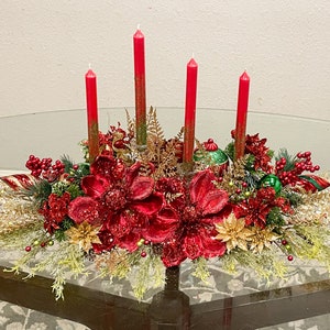 Christmas Centerpiece, Christmas floral arrangement, Christmas magnolias, large centerpiece, Christmas decor, red green floral centerpiece,