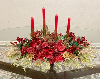 Christmas Centerpiece, Christmas floral arrangement, Christmas magnolias, large centerpiece, Christmas decor, red green floral centerpiece,