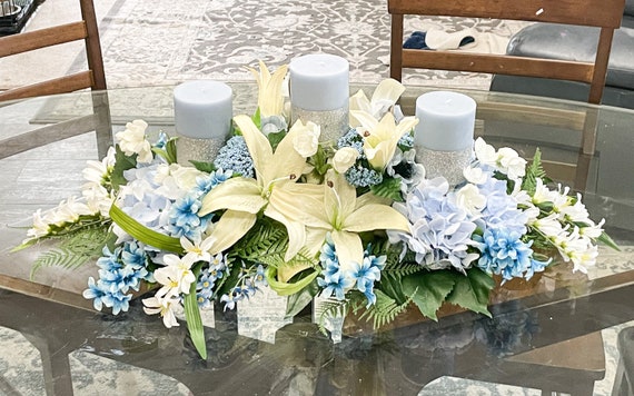 Spring centerpiece, everyday centerpiece real touch floral centerpiece, white and blue centerpiece, Easter centerpiece, spring table decor,