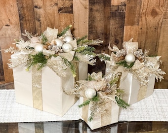 Christmas gift boxes, set of 3 Christmas giftbox, large Christmas giftbox decor, large champagne Christmas decor, white Christmas gift boxes