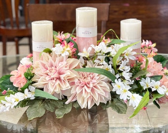 Spring centerpiece, large spring floral arrangement, spring kitchen table decor, spring decor, spring florals, spring candle centerpiece,
