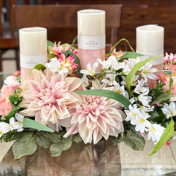 Spring centerpiece, large spring floral arrangement, spring kitchen table decor, spring decor, spring florals, spring candle centerpiece,