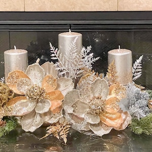 Christmas Centerpiece, Christmas floral arrangement, Christmas magnolias, large centerpiece,Christmas decor, gold silver floral centerpiece,