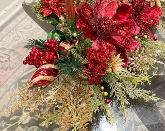 12 inch Red Christmas Table Centerpiece 5 Glitter Magnolia Flower and Red  Berries Fir Greenery Artificial Christmas Floral Centerpiece in Golden