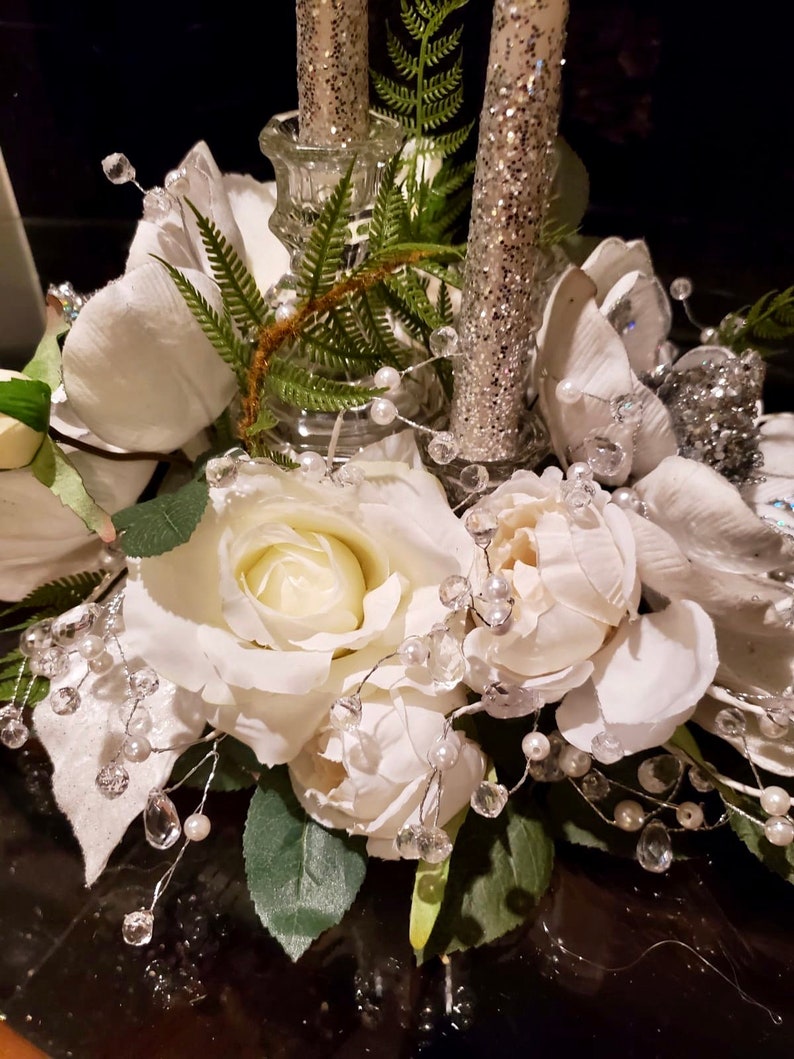 Wedding centerpiece, wedding candle holder, bridal shower decor, Designer centerpiece, white roses centerpiece, crystal centerpiece, image 8