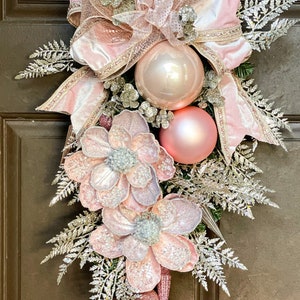 Christmas swag, pink Christmas swag, Christmas swag for front door, pink Christmas decor, pink Magnolia, Christmas decor, Christmas wreath image 2