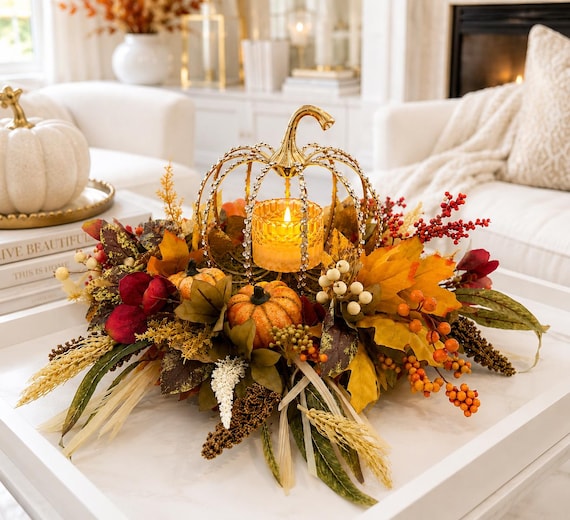 fall centerpiece with candle, Thanksgiving centerpiece, fall pumpkin table decor, fall round centerpiece, fall dining table decor, autumn