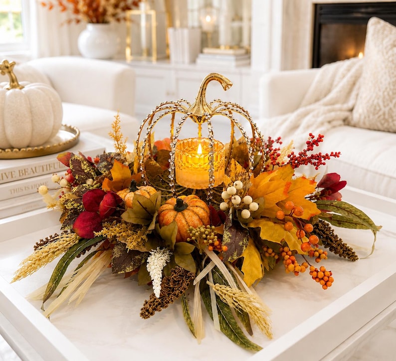 May include: A decorative centerpiece featuring a gold-toned metal pumpkin frame with a central glass candle holder containing a lit candle, surrounded by artificial autumn foliage, orange pumpkins, red berries, and dried wheat stalks.