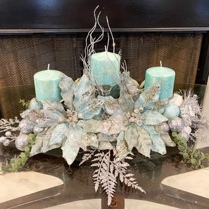 Christmas centerpiece, blue Christmas centerpiece, large Christmas centerpiece, Christmas floral arrangement, light blue Christmas decor