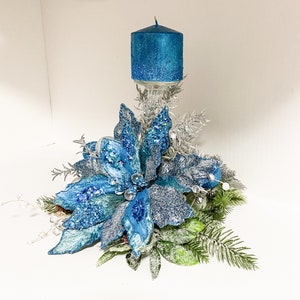 Christmas Centerpiece, Blue Christmas centerpiece, blue centerpiece, blue poinsettias, designer candles, designer centerpiece, image 4