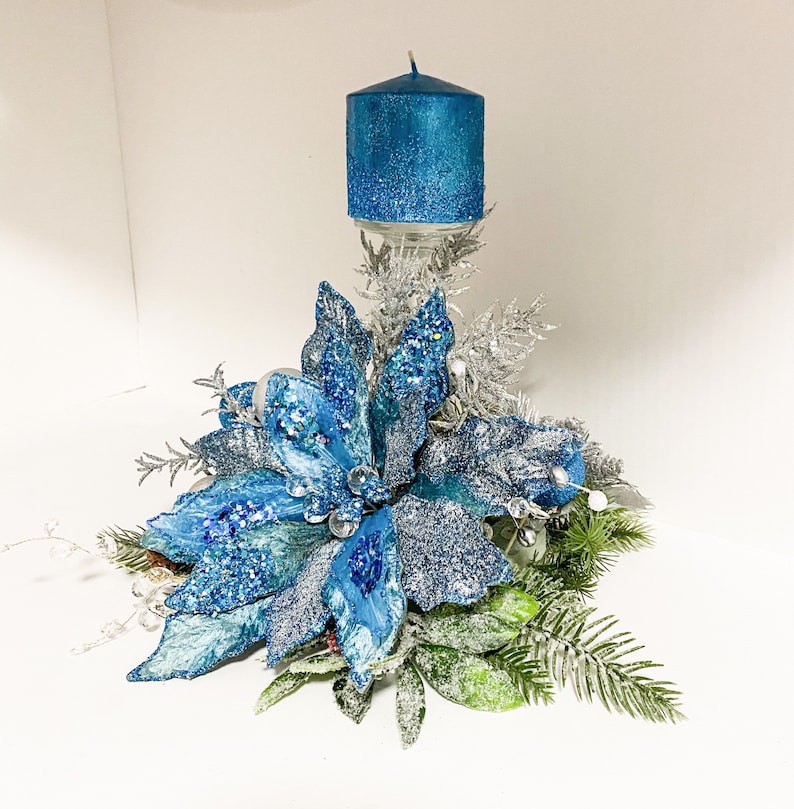 Christmas Centerpiece, Blue Christmas centerpiece, blue centerpiece, blue poinsettias, designer candles, designer centerpiece, image 4